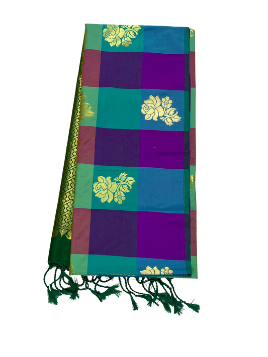 Palum Pazhamum checks with Green Pallu - Semi Kanchipuram Saree