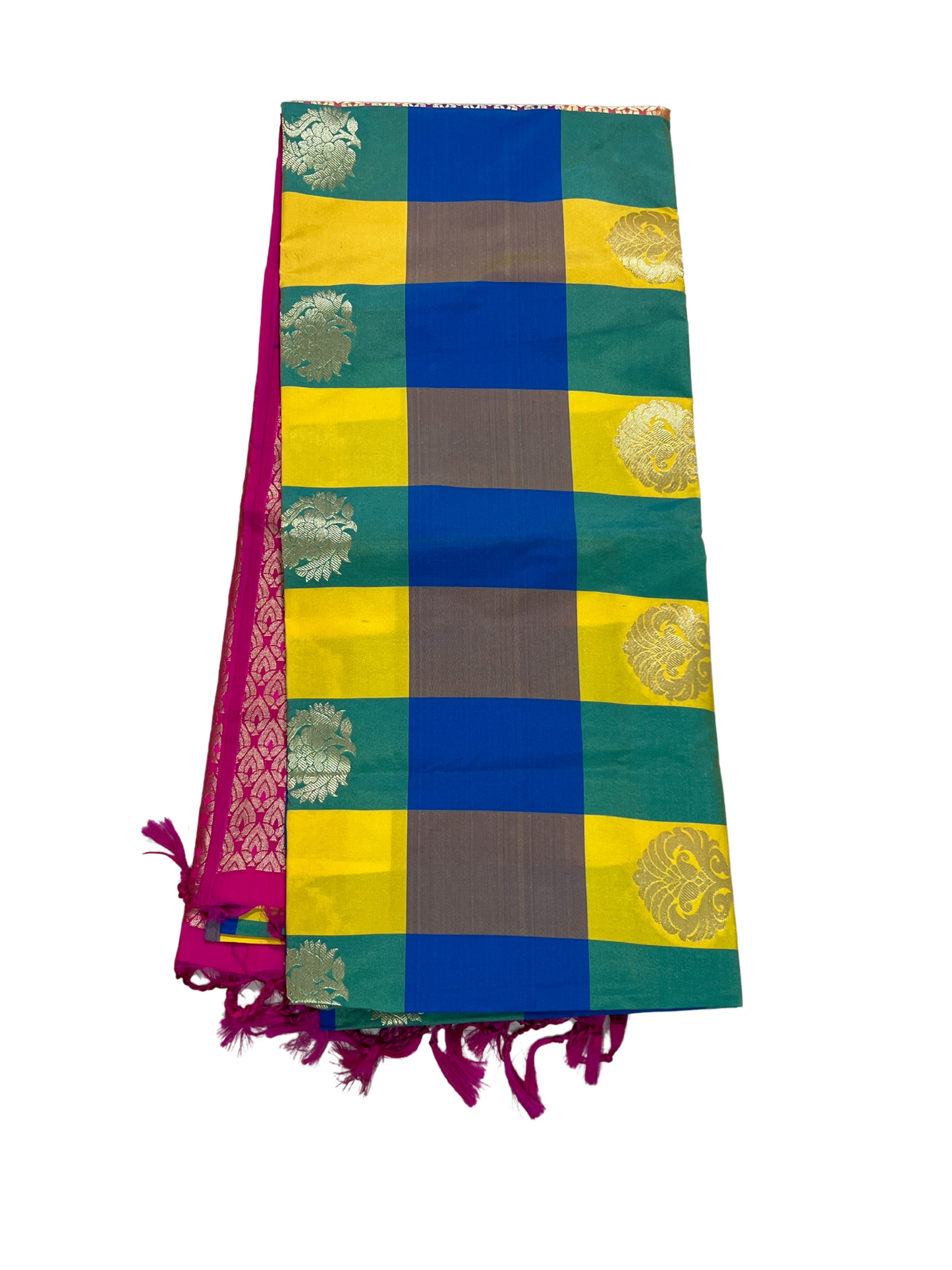 Palum Pazhamum checks in Yellow with Pink Pallu - Semi Kanchipuram Saree