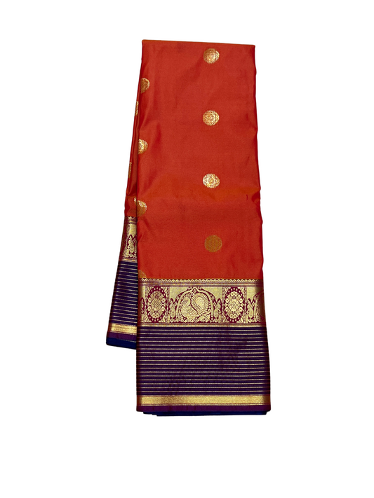 Orange with Dark Blue Border - Vintage - Semi Kanchipuram Saree