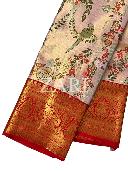 Peach and Red - Meena - Pure Kanchipuram Designer Tissue Silk Saree