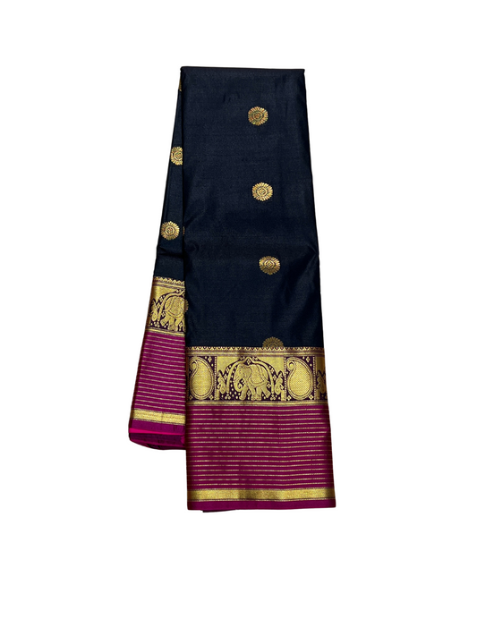 Black with Dark Pink Border - Vintage - Semi Kanchipuram Saree