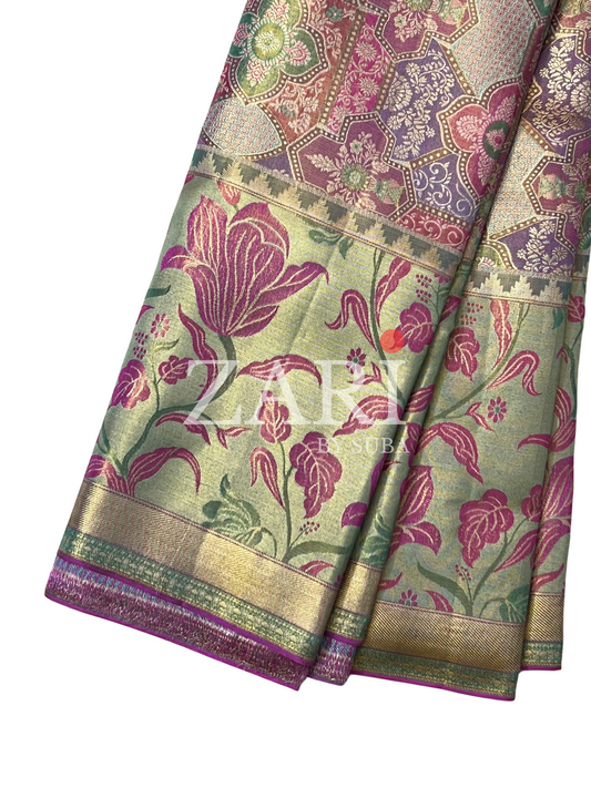 Pastel Pink and Purple  - Meena - Pure Kanchipuram Designer Tissue Silk Saree