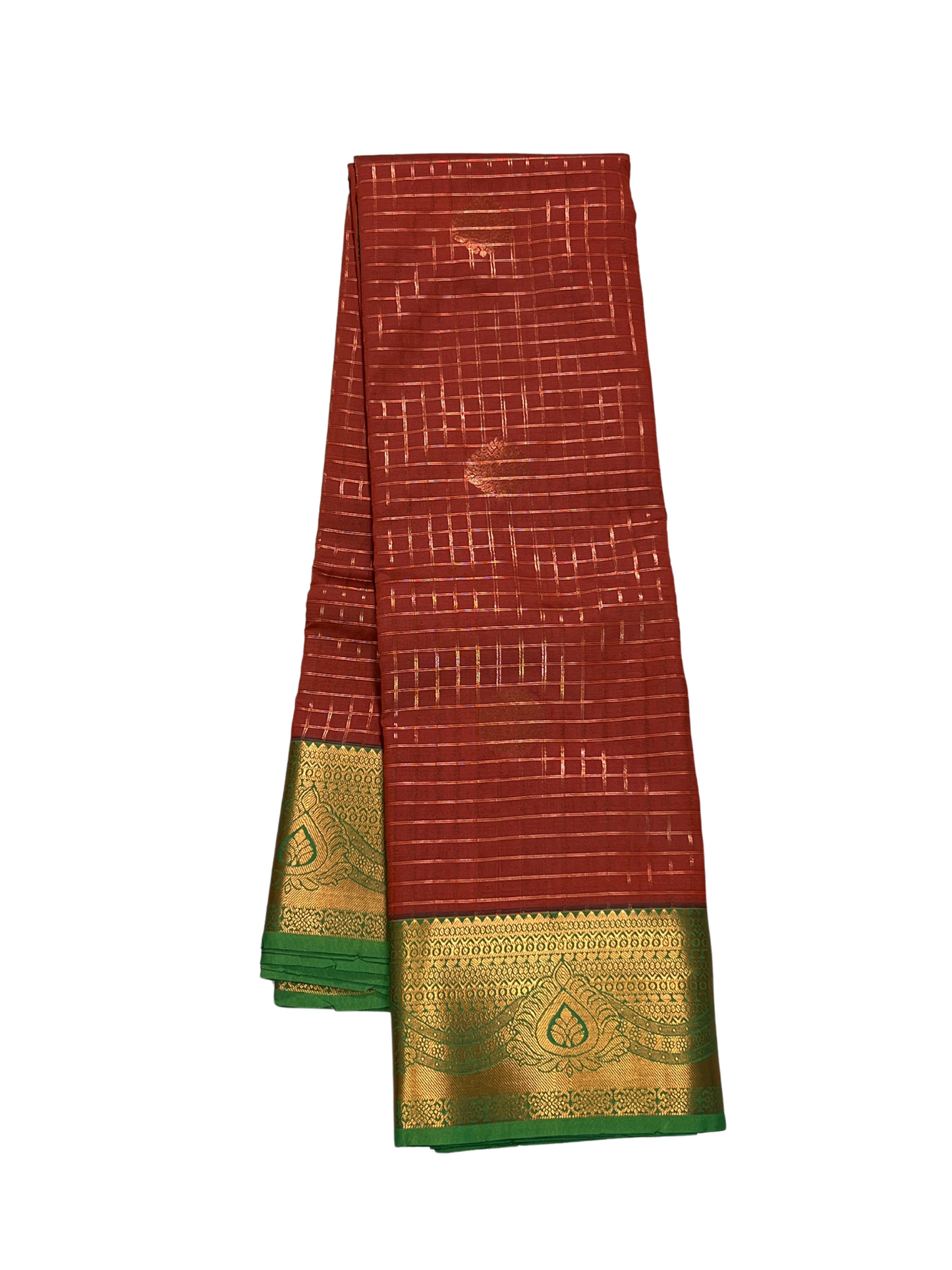 Brick Orange and Green - Kattam - Semi Kanchipuram Saree