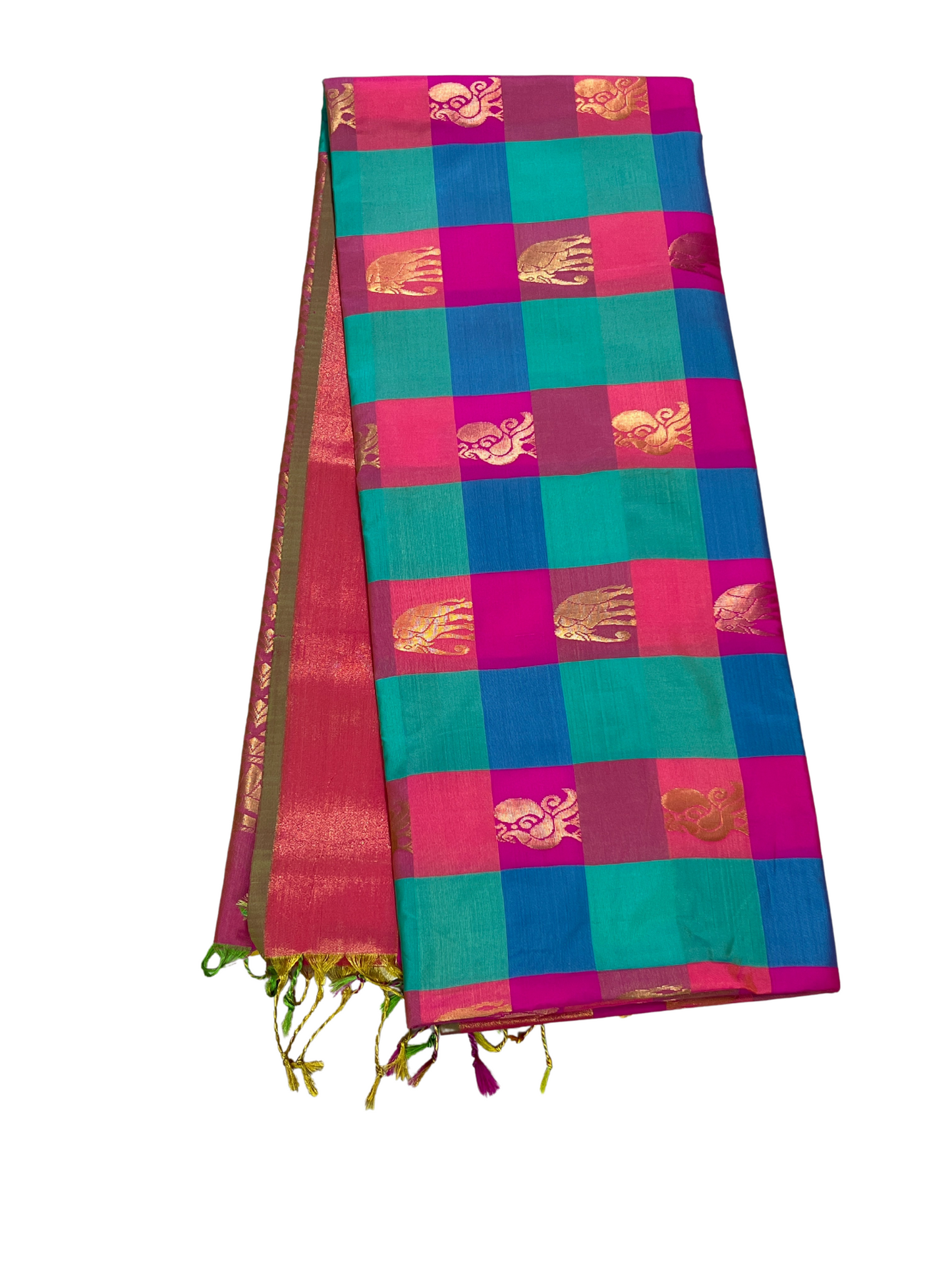 Palum Pazhamum checks with Pink Pallu - Semi Kanchipuram Saree