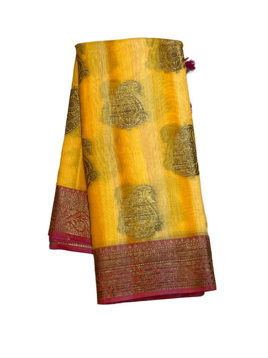 Yellow and Pink - Blended Cotton Saree