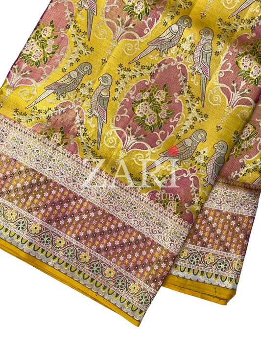 Yellow - Parrot - Pure Kanchipuram Designer Silk Saree