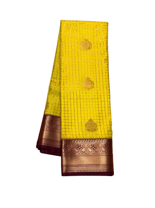 Yellow and Maroon - Kattam - Semi Kanchipuram Saree