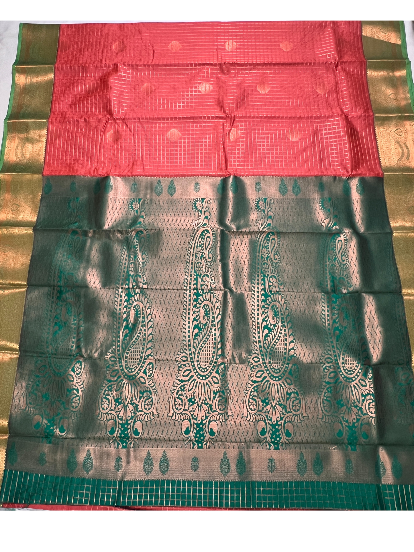 Brick Orange and Green - Kattam - Semi Kanchipuram Saree