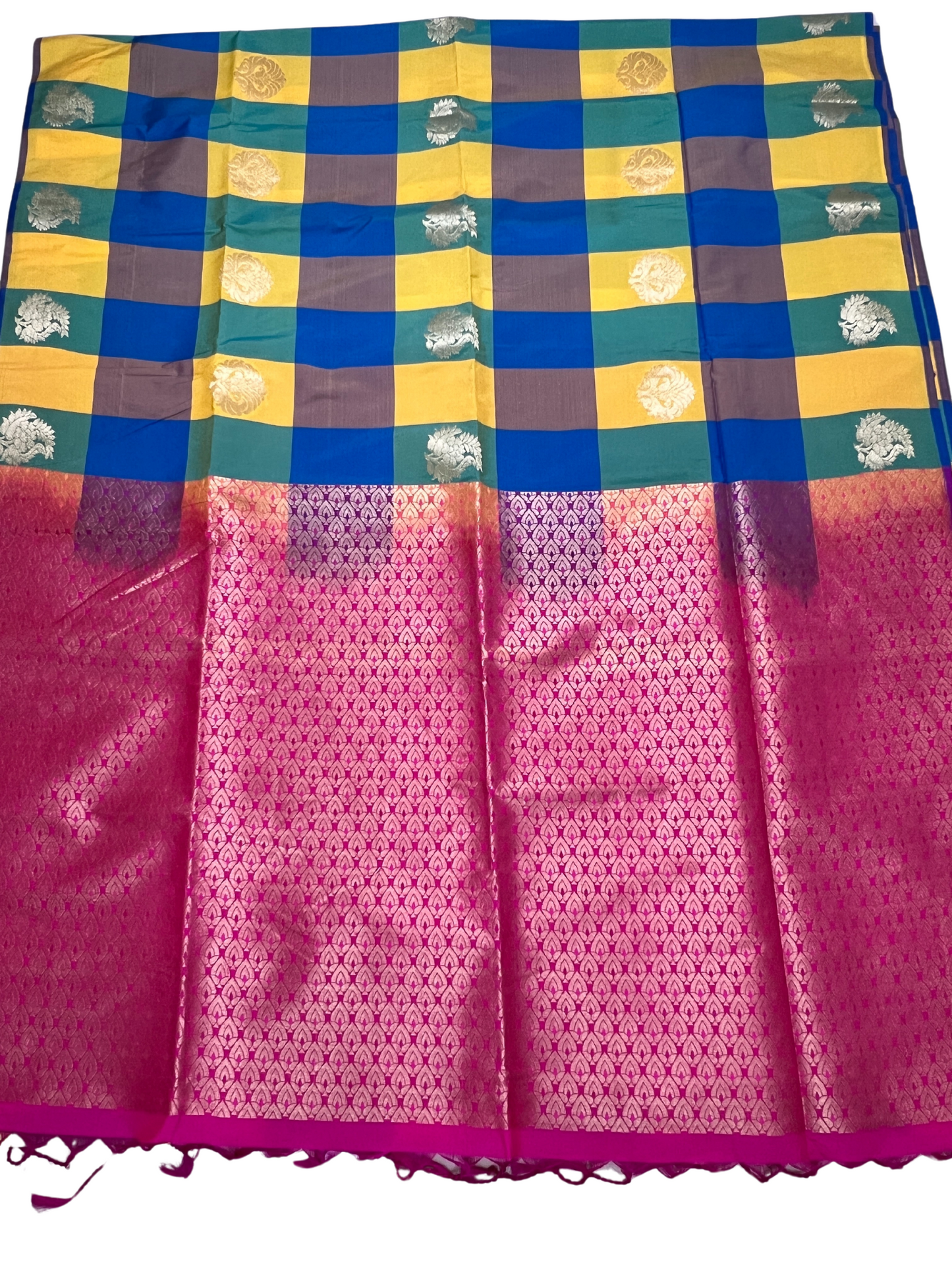 Palum Pazhamum checks in Yellow with Pink Pallu - Semi Kanchipuram Saree