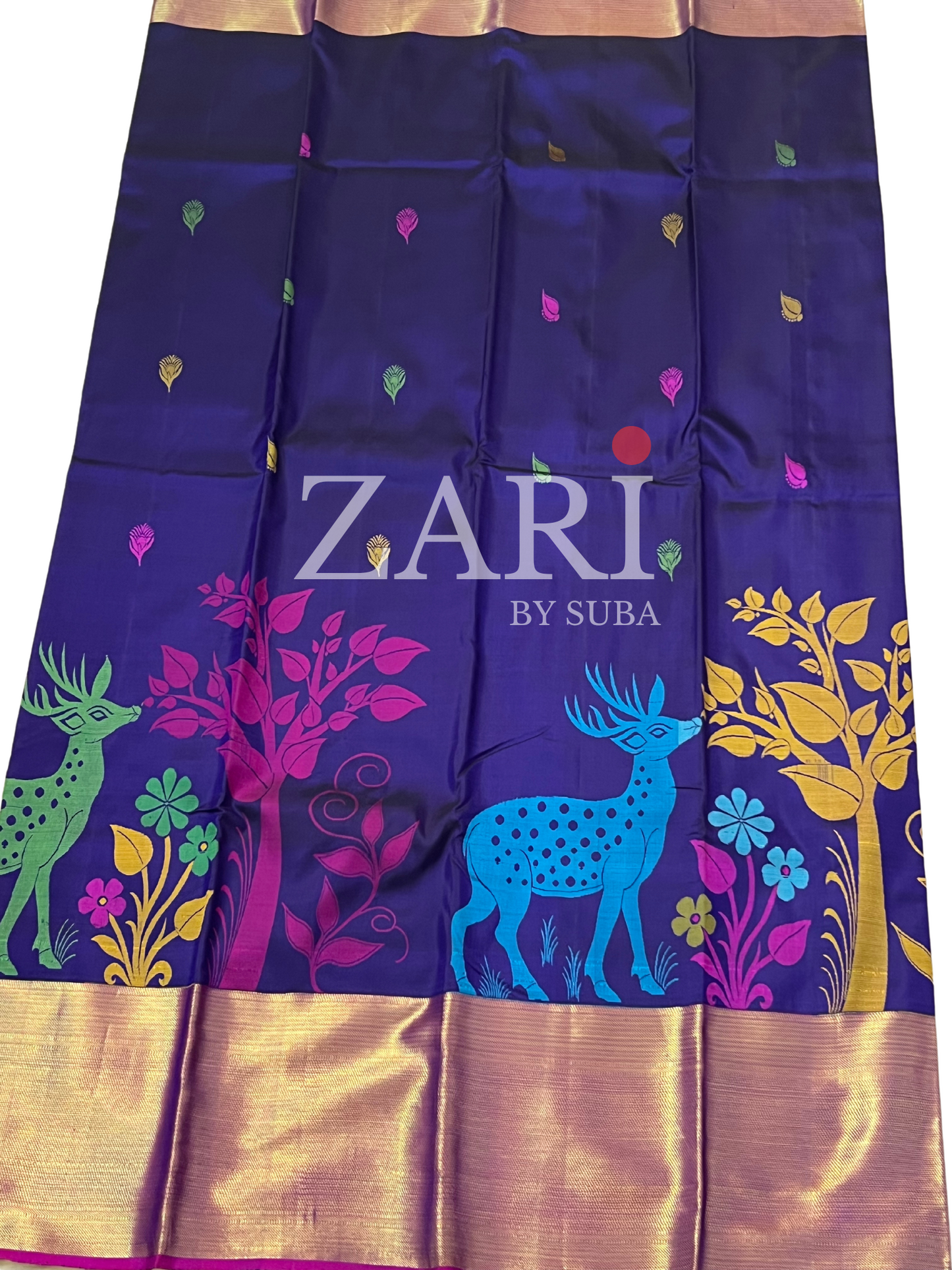 Purple and Pink - Deer - Pure Kanchipuram Soft Silk Saree