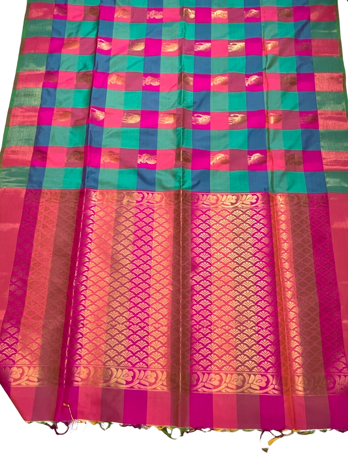 Palum Pazhamum checks with Pink Pallu - Semi Kanchipuram Saree