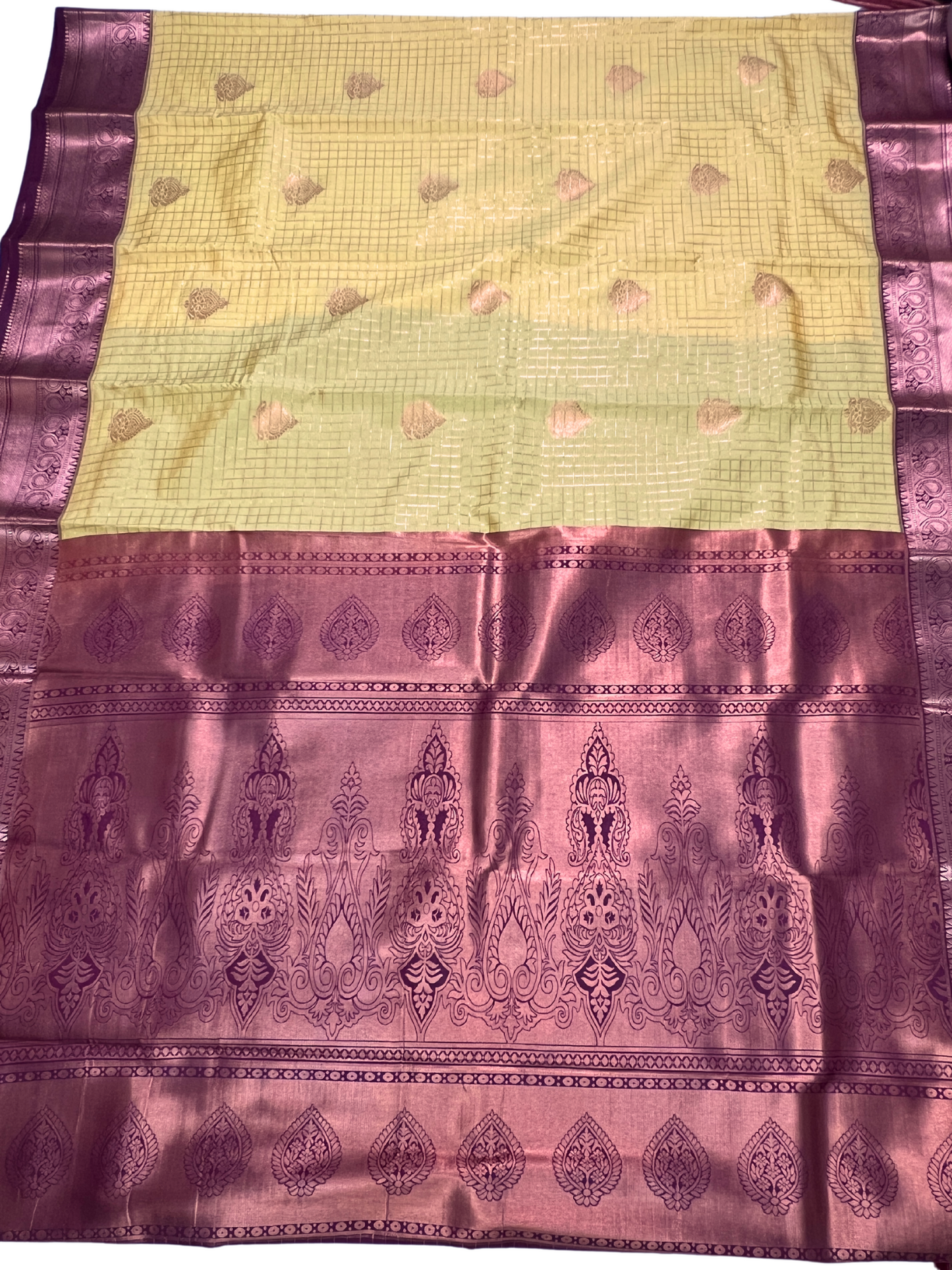 Yellow and Maroon - Kattam - Semi Kanchipuram Saree