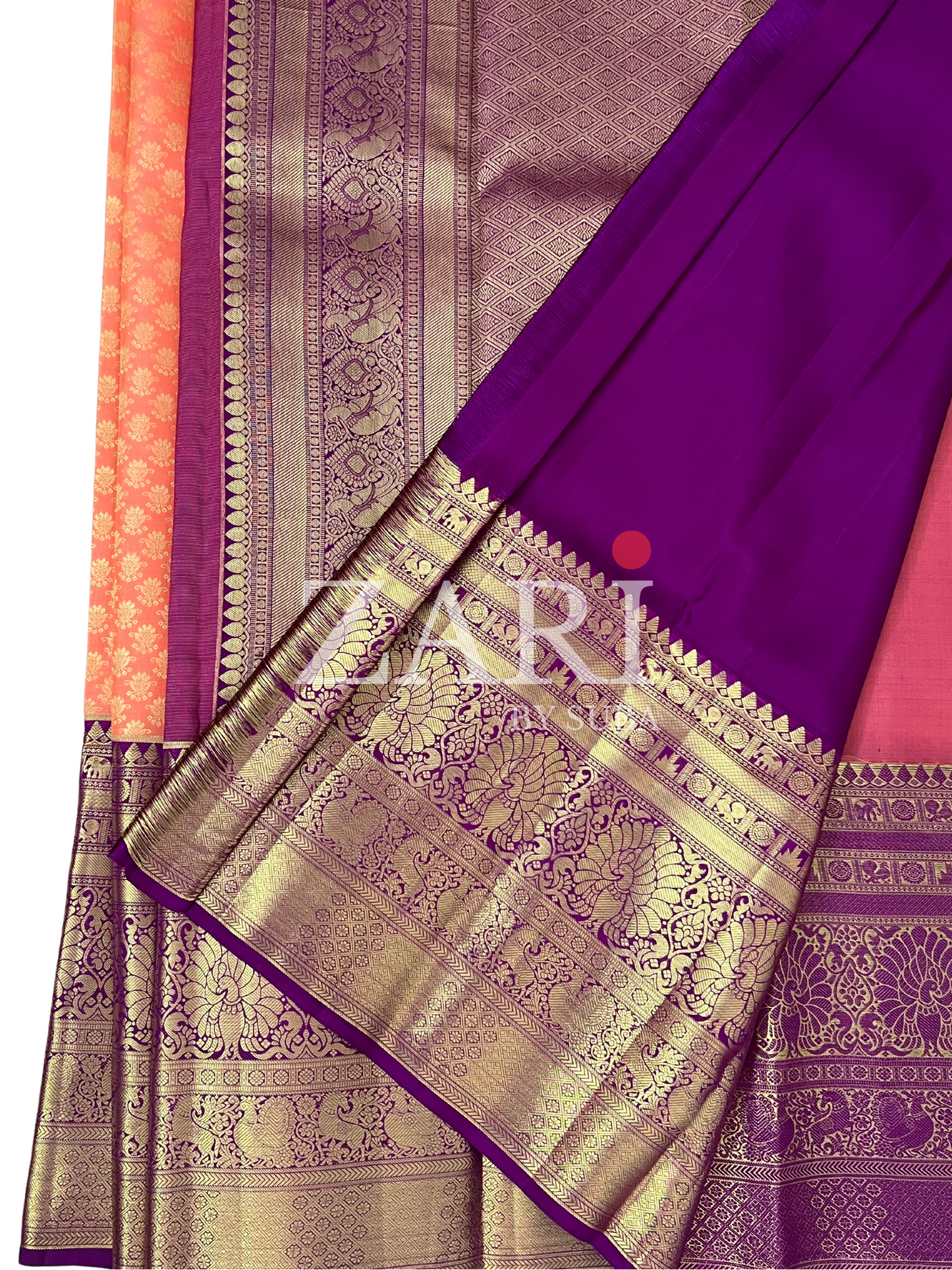 Kanakambaram Orange and Purple - Pure Kanchipuram Silk Saree