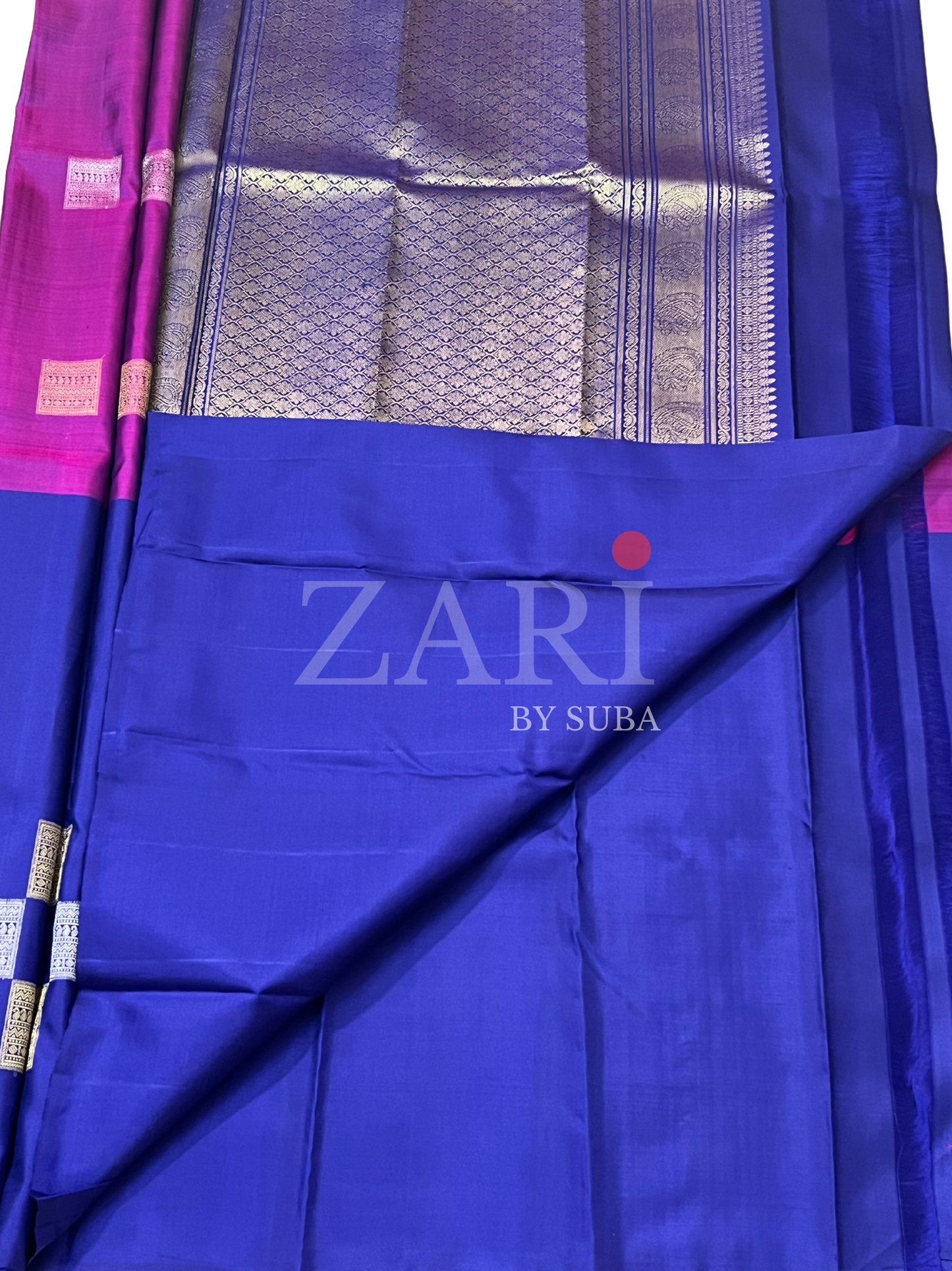 Majenta and Blue - Half and Half - Pure Kanchipuram Soft Silk Saree