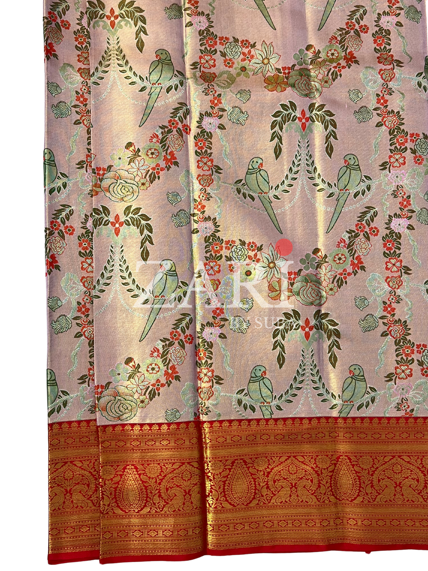 Peach and Red - Meena - Pure Kanchipuram Designer Tissue Silk Saree